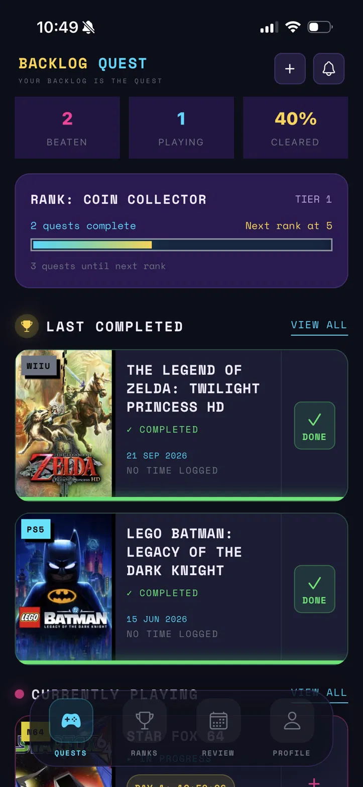 Backlog Quest dashboard showing rank progress and recently completed games