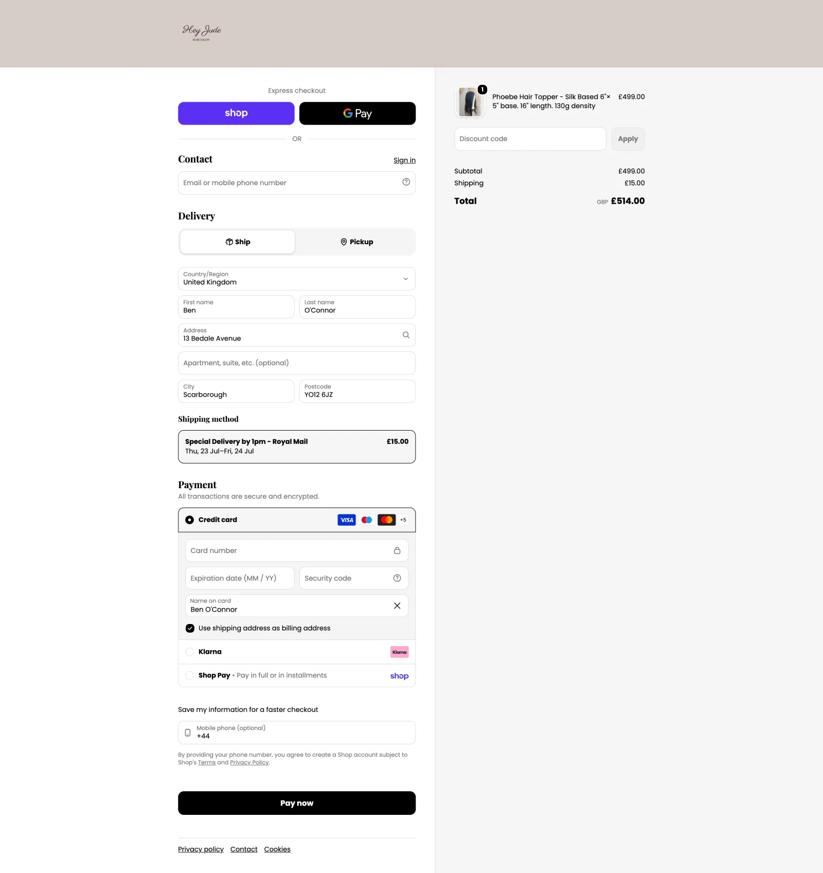 Shopify hosted checkout page with delivery details, Royal Mail Special Delivery shipping method, and payment options including Shop Pay and Klarna