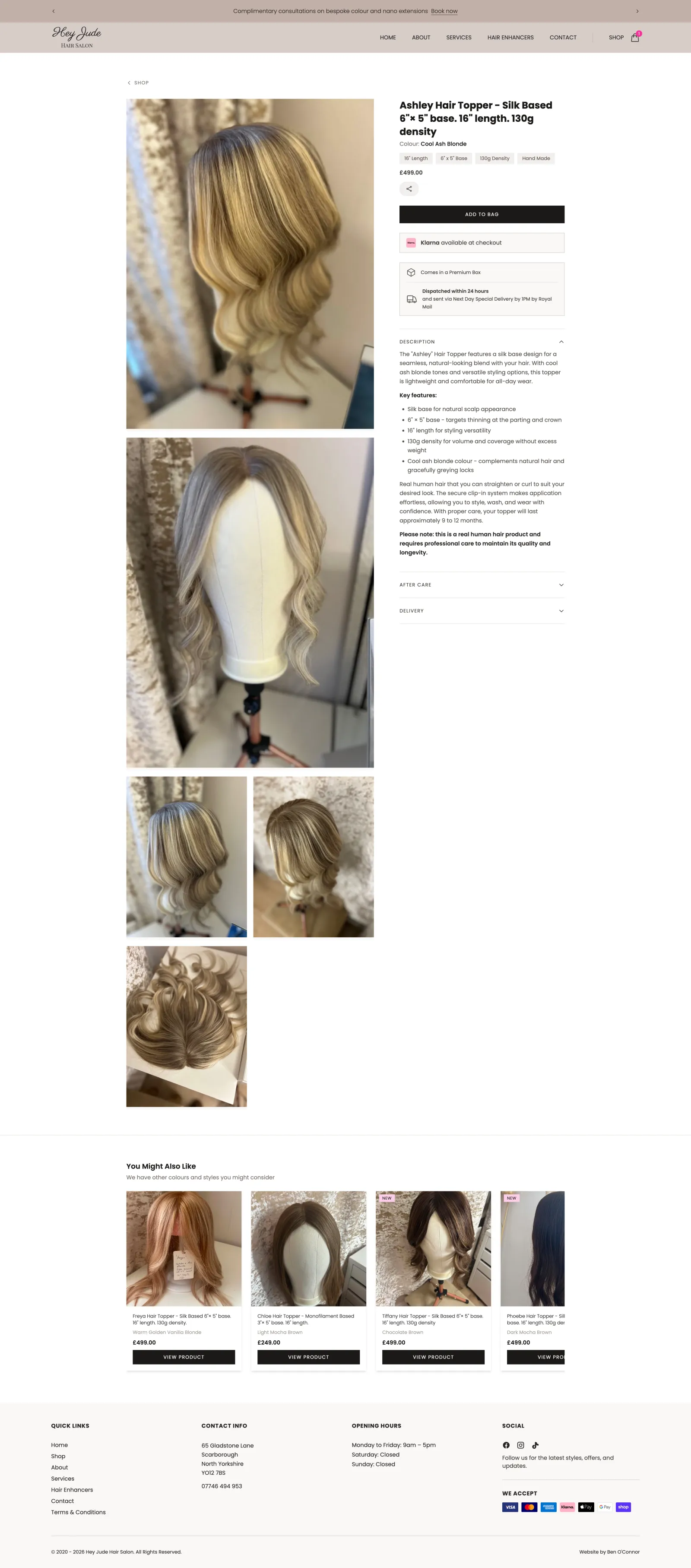 Ashley Hair Topper product page showing the silk-based collection detail, pricing, and Klarna messaging