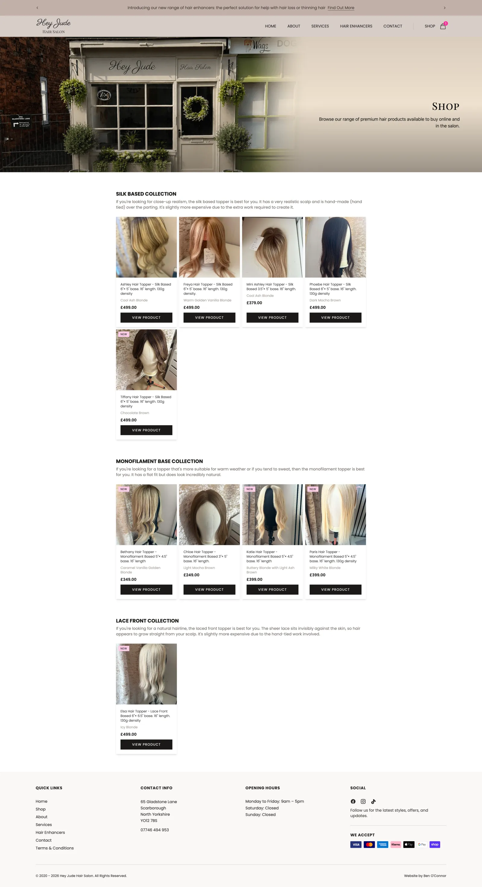 Hey Jude Hair Salon shop landing page showing the salon shopfront hero image and collection categories