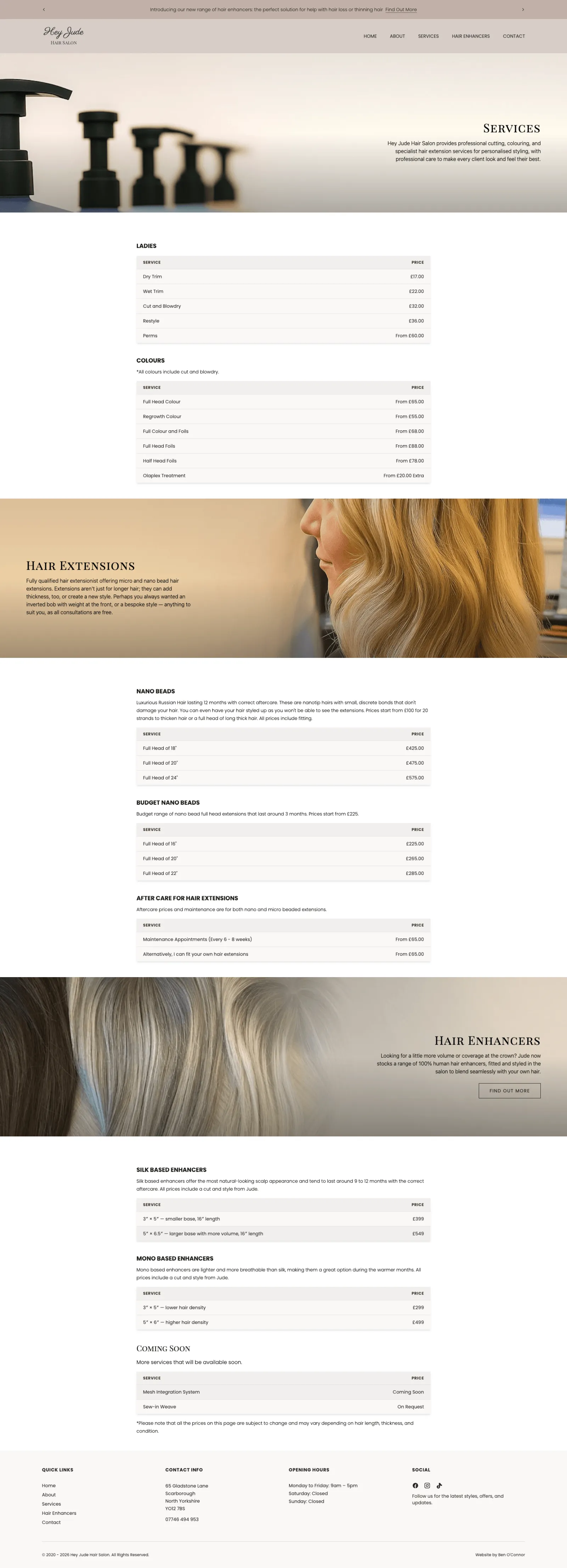 Hey Jude Hair Salon's Services page