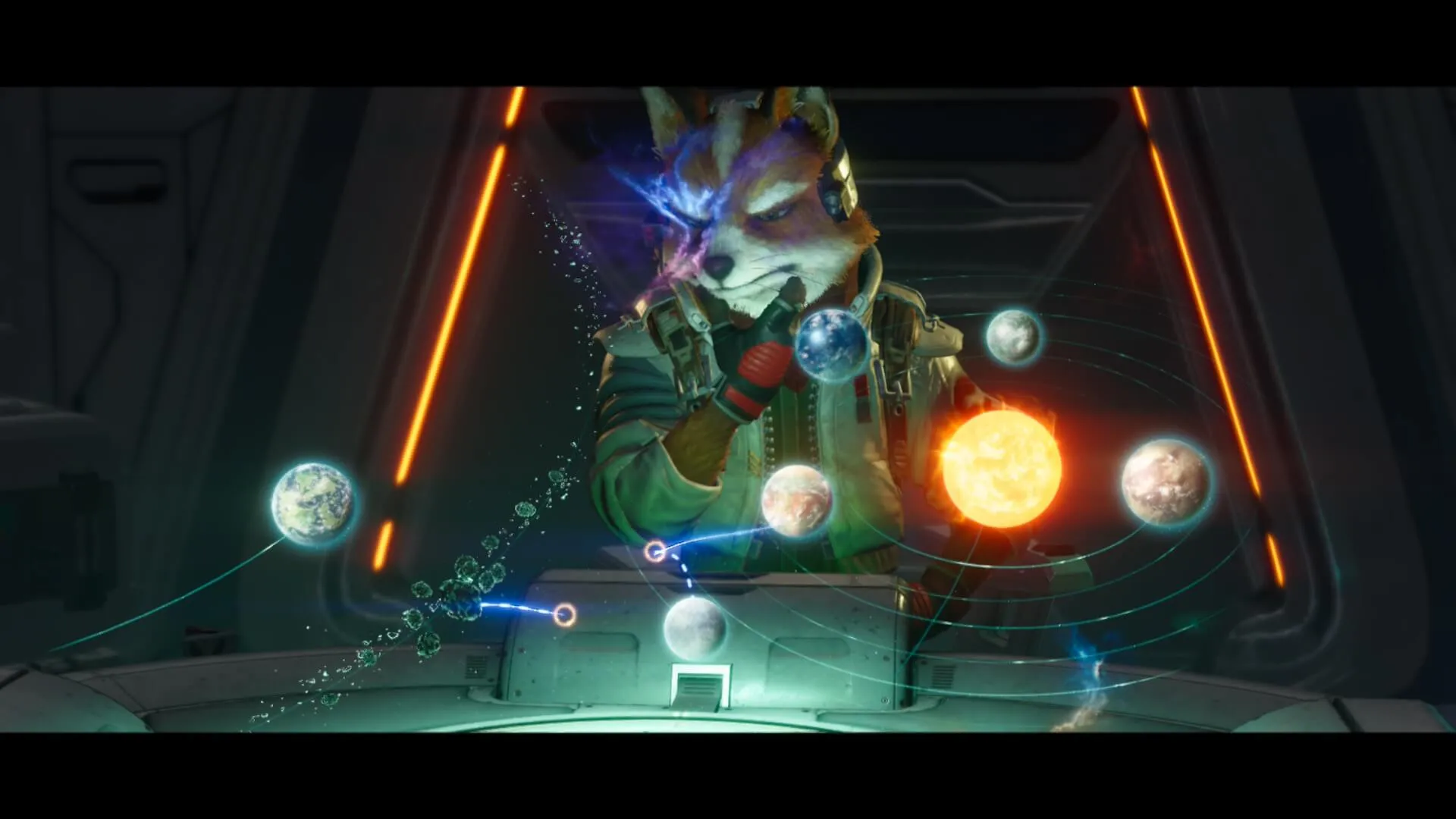 Fox McCloud studying the star map in a cinematic cutscene