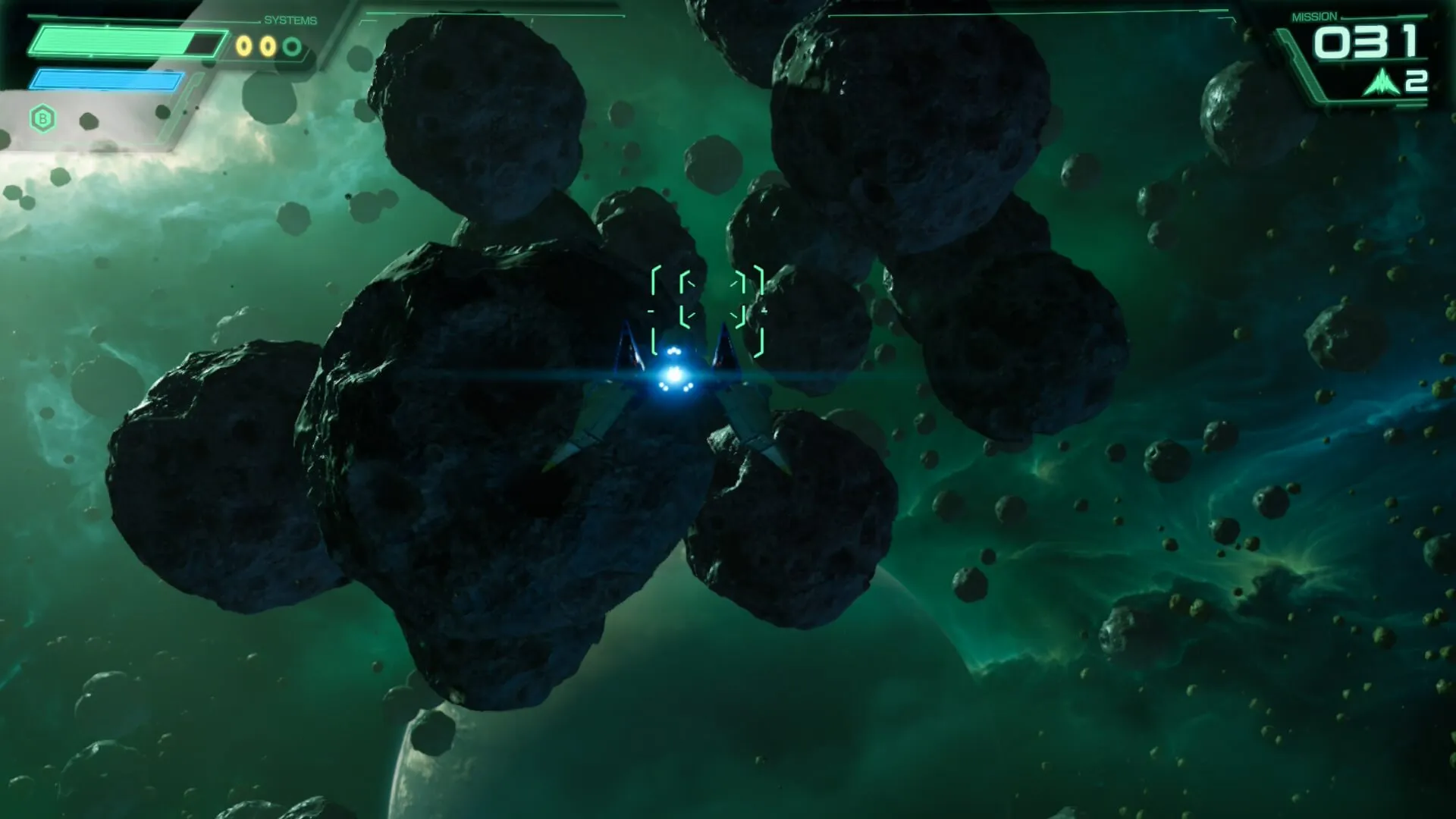 The Arwing navigating through the asteroid field in Meteo