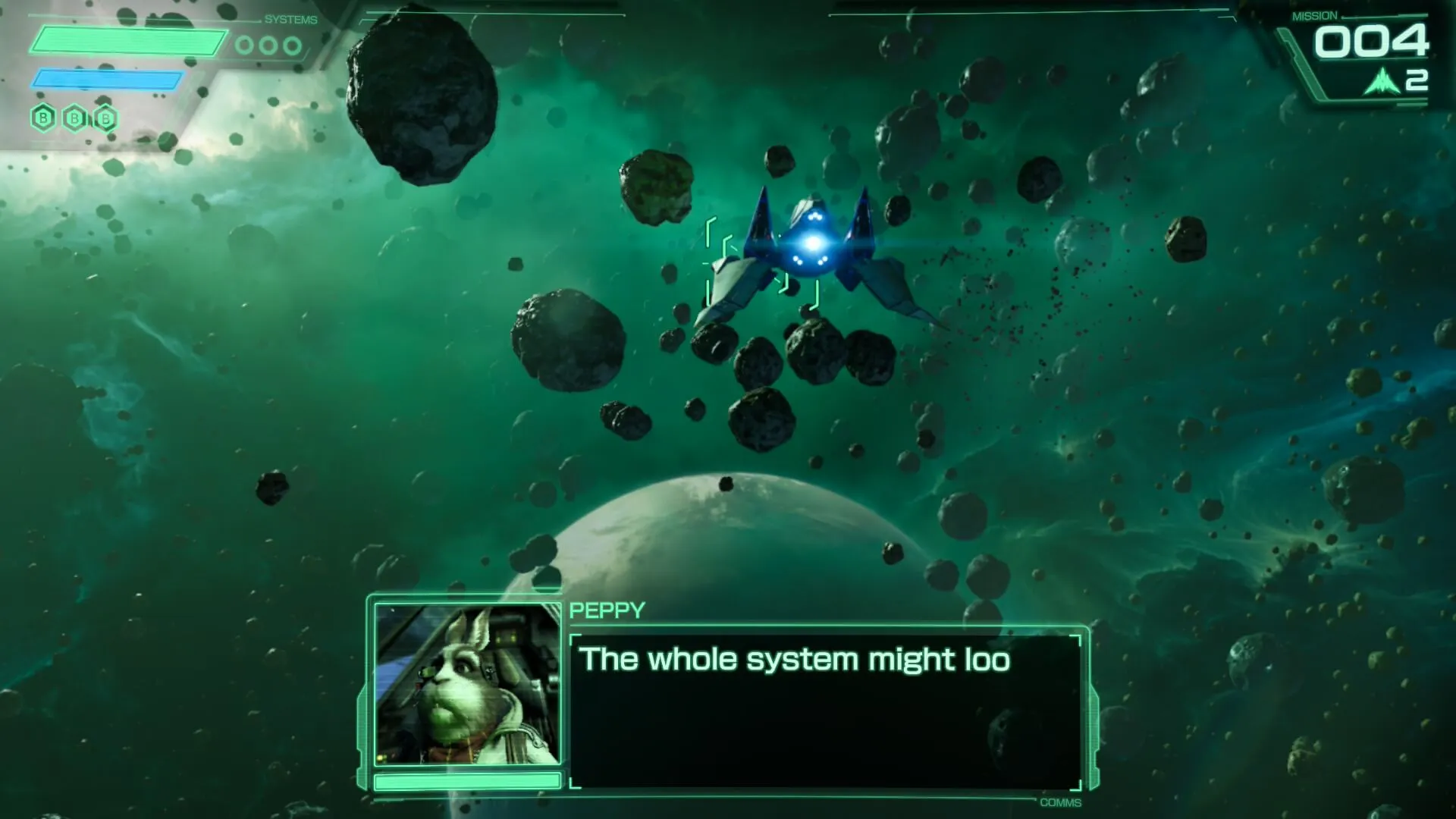 The Arwing flying through Meteo with Peppy's dialogue on screen