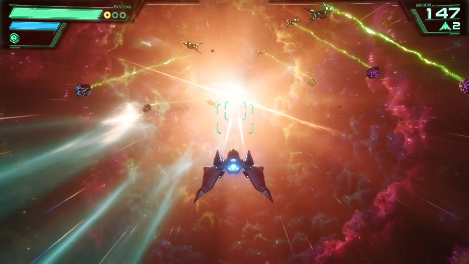 The Arwing flying through the warp route red nebula